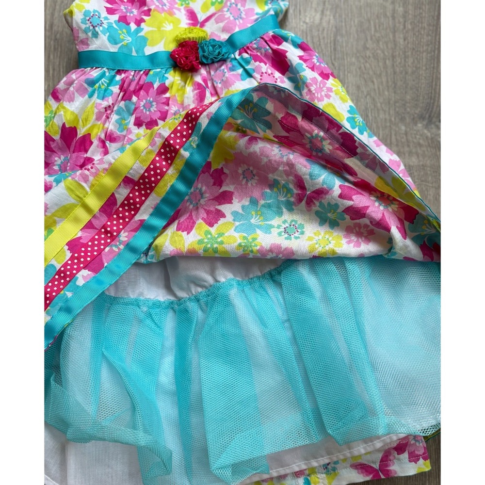 Nannette Girl Floral Sleeveless Party Dress Pink Yellow Blue Size 6 Rosette Sash - Picture 3 of 5